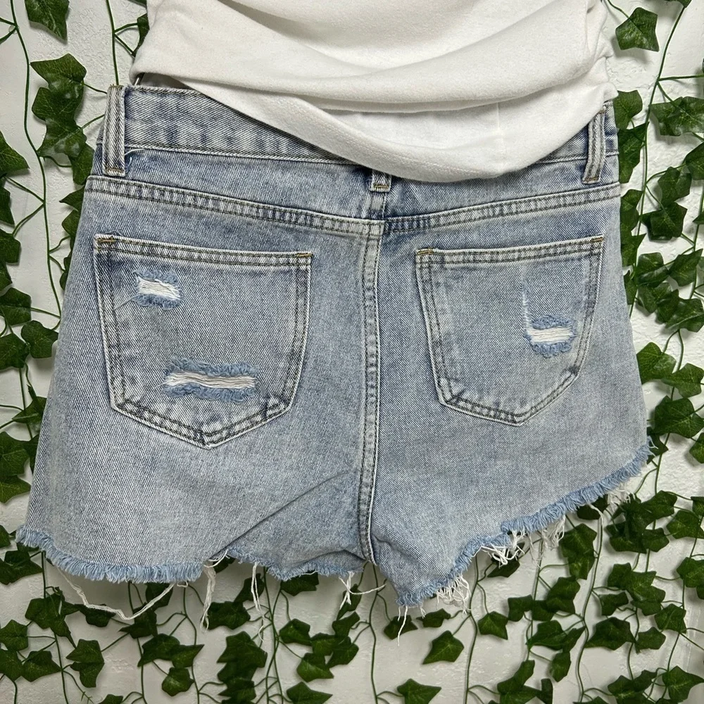 Blue High-Waisted Distressed Jean Shorts